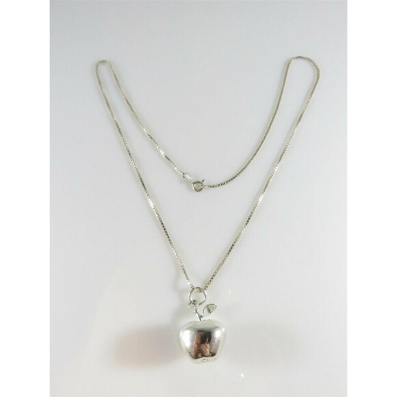 Unusual 3D Apple Pendant with 20" Box Chain Sterling Silver Necklace - Picture 2 of 12